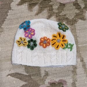 Turtle Fur Cable Knit Wool Fleece Lined Beanie Women One Size Cream Felt Flowers